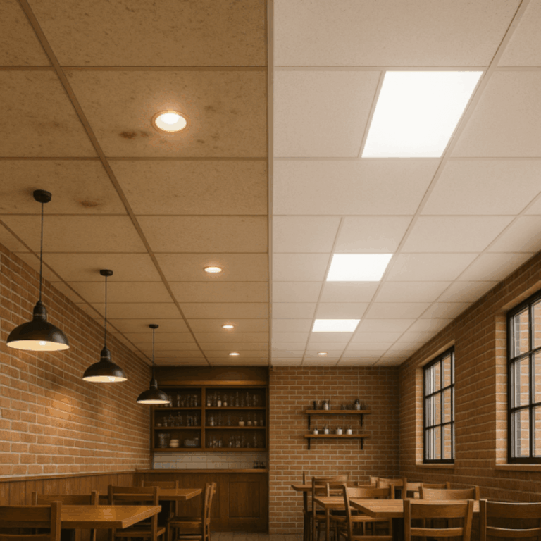 Restaurant interior showing a ceiling comparison: left side with old stained tiles and right side with new clean white ceiling tiles and bright lighting.
