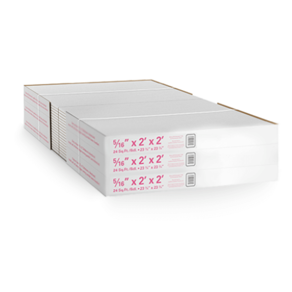 Stack of 5/16 inch thick, 2x2 foot white ceiling tiles packaged in cardboard sleeves, labeled 24 sq ft coverage per pack.