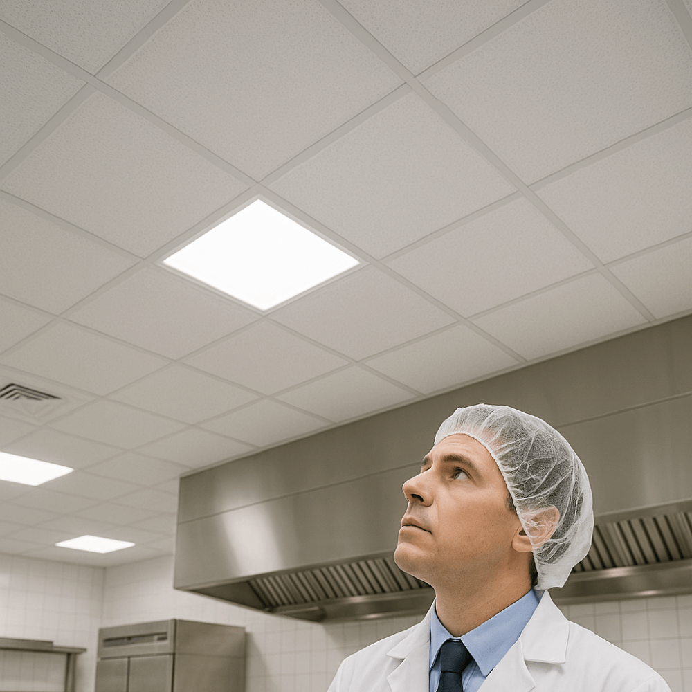 health inspector checking commercial kitchen ceiling tiles (1)