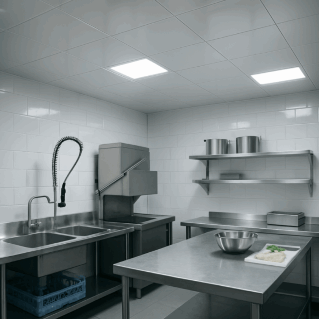 Moisture-resistant ceiling tiles for dish rooms and humid areas