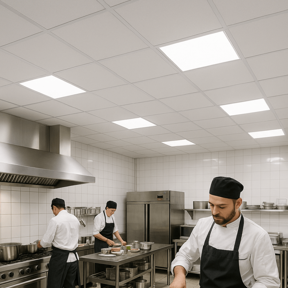 Chefs working in a commercial kitchen with white ceiling tiles and bright built-in lighting.