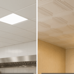 Comparison of two types of ceiling tiles in kitchens, one with a smooth white finish and one with a decorative textured pattern.