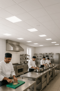 Vinyl ceiling tiles in a commercial kitchen with LED lighting designed for compliance, hygiene, and safety.