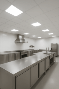 PVC ceiling tiles in a decorative interior space with recessed lighting for aesthetic design.