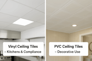 Side-by-side comparison of vinyl ceiling tiles for kitchens and compliance versus PVC ceiling tiles for decorative use.