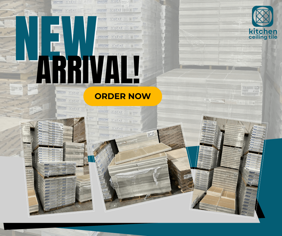 Promotional image showing stacks of ceiling tile inventory with the text "New Arrival" and "Order Now," featuring multiple pallets of boxed ceiling tiles in a warehouse.