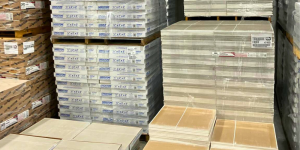 Commercial kitchen ceiling tiles with 1-pound-per-square-foot density for sanitation and durability.