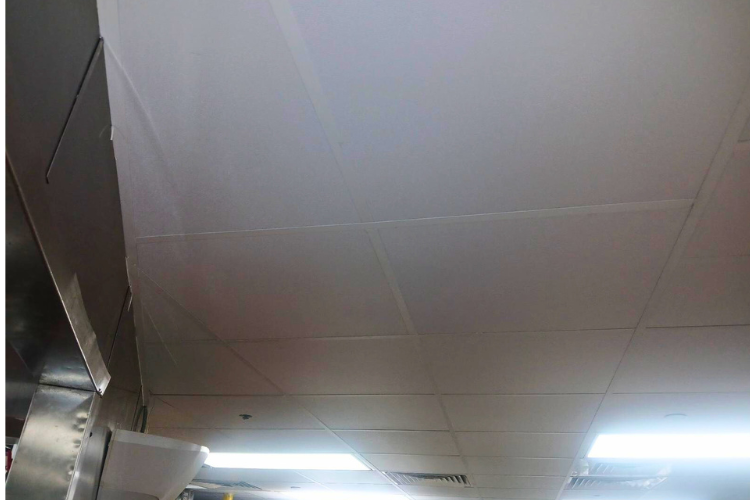 Close-up of durable commercial kitchen ceiling tiles designed to meet clean-critical standards.
